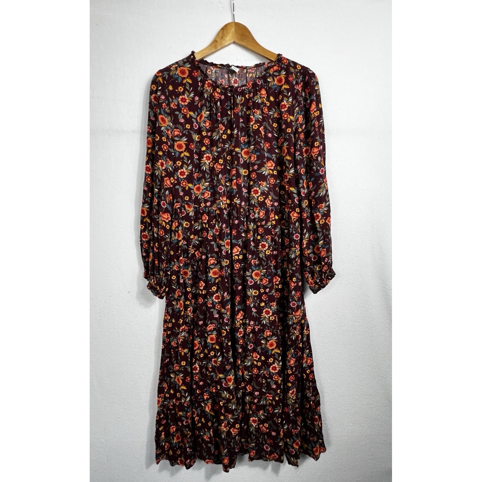 Old Navy Dress Womens L Purple Orange Floral Tiered Cottagecore Prairie Midi